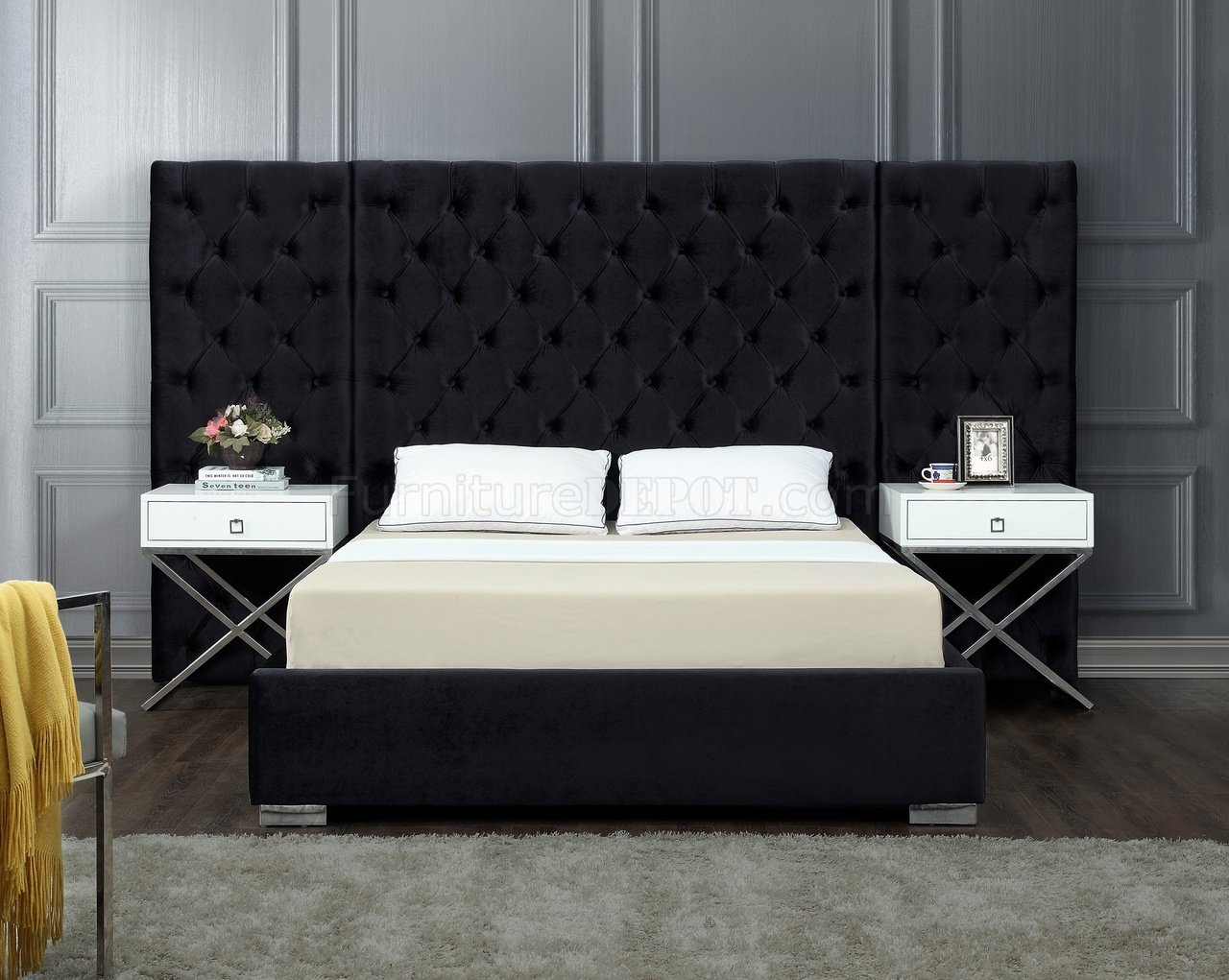 Grande Upholstered Bed in Black Velvet Fabric by Meridian - Click Image to Close