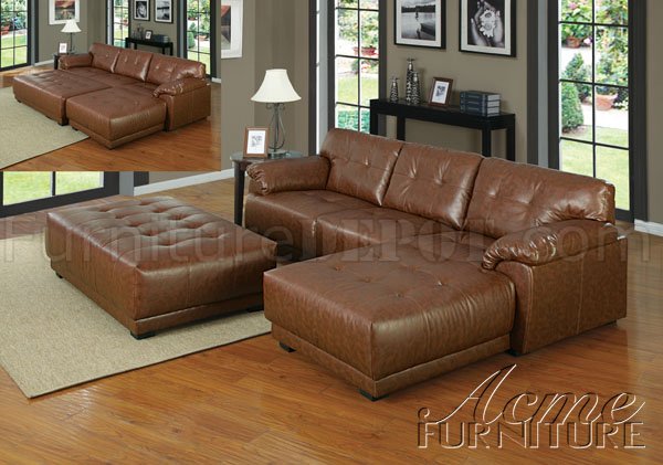 Brown Bonded Leather Modern Sectional, Brown Sectional Sofa With Ottoman