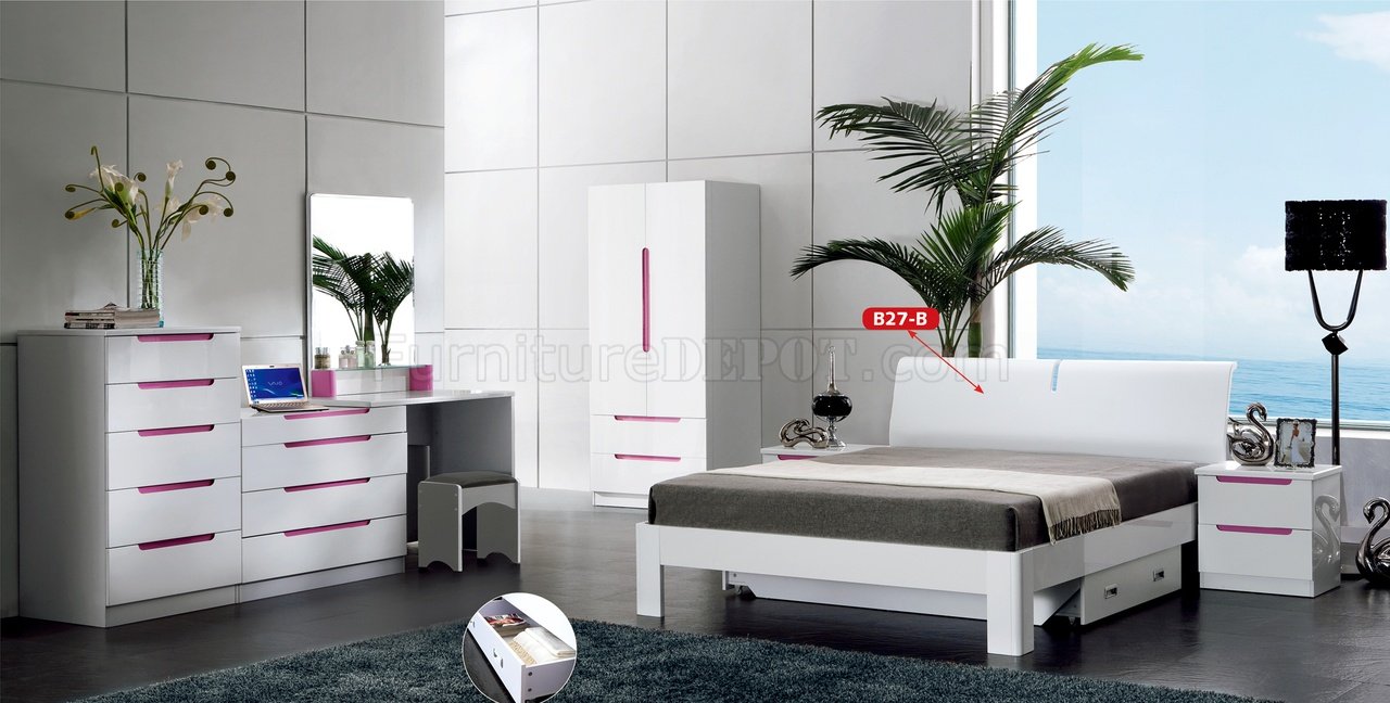 B27B Bedroom in White & Pink High Gloss by Pantek w/Options - Click Image to Close