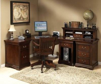 Burnish Cherry Finish L-Shape Classic Office Desk w/Small Hutch