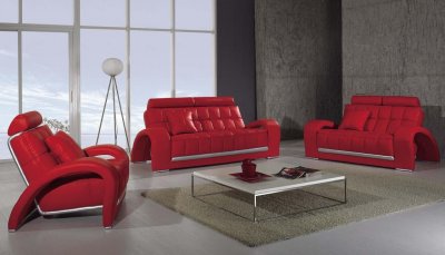 Red Leather Modern 3PC Living Room Set w/Folded Armrests
