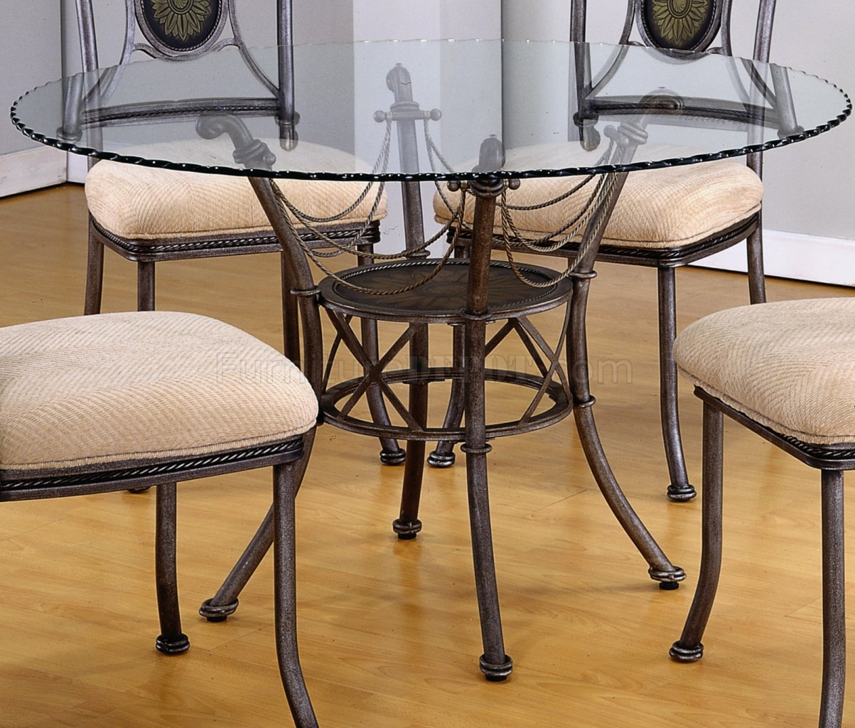 Round Glass Top Modern 5Pc Dining Set w/Gun Metal Base