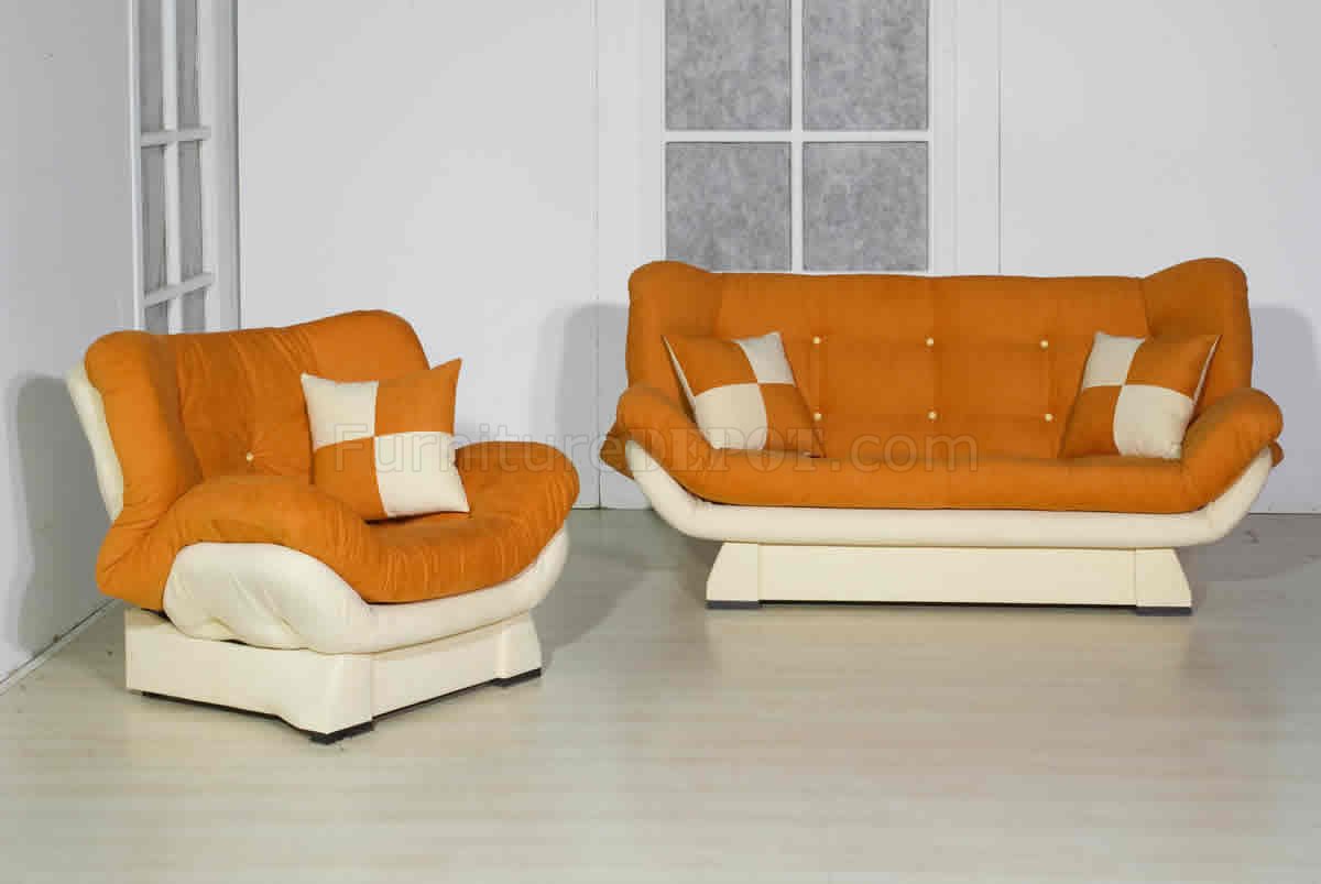 Orange & Cream Two-Tone Microfiber Living Room w/Sleeper Sofa - Click Image to Close