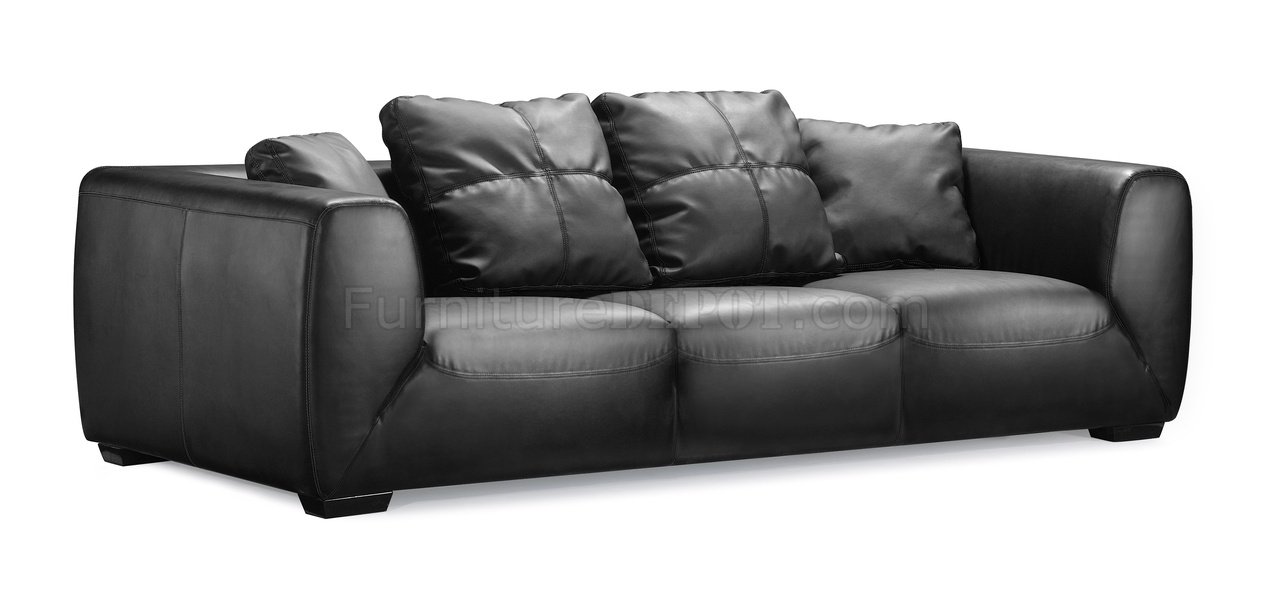 Black Full Leather Contemporary Sofa with Oversized Cushions - Click Image to Close