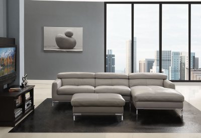Light Grey Full Leather Modern Sectional Sofa w/Optional Ottoman