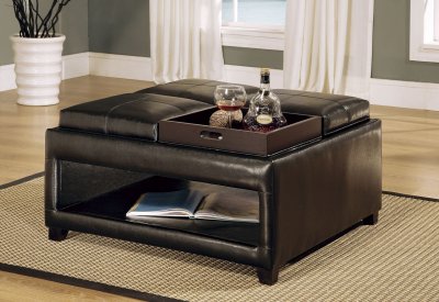 Black Leather Traditional Cocktail Ottoman w/Open Base Storage