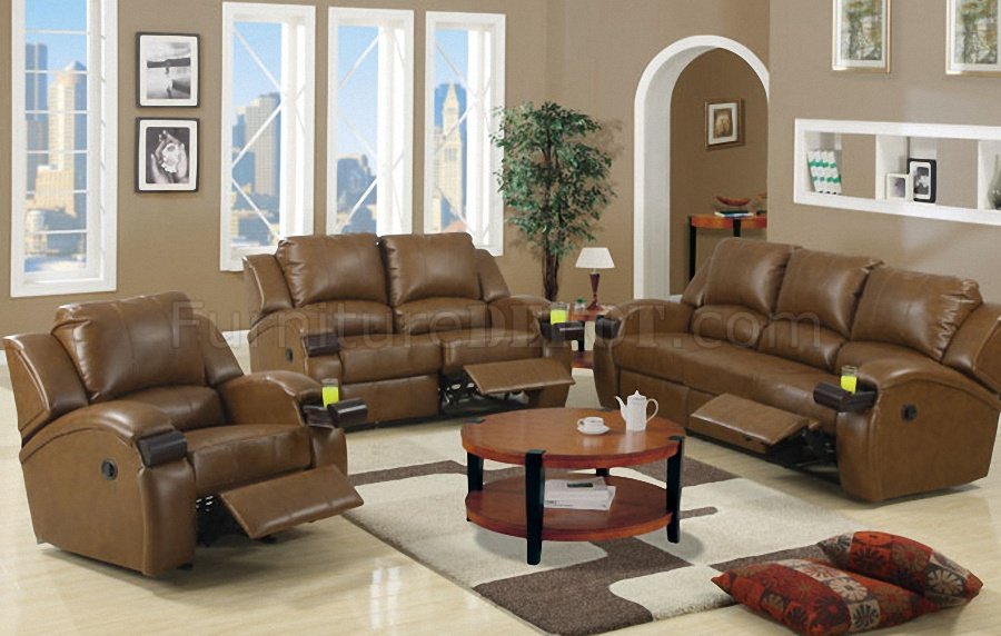Light Brown Bonded Leather Motion Sofa w/Cup Holder & Storage - Click Image to Close