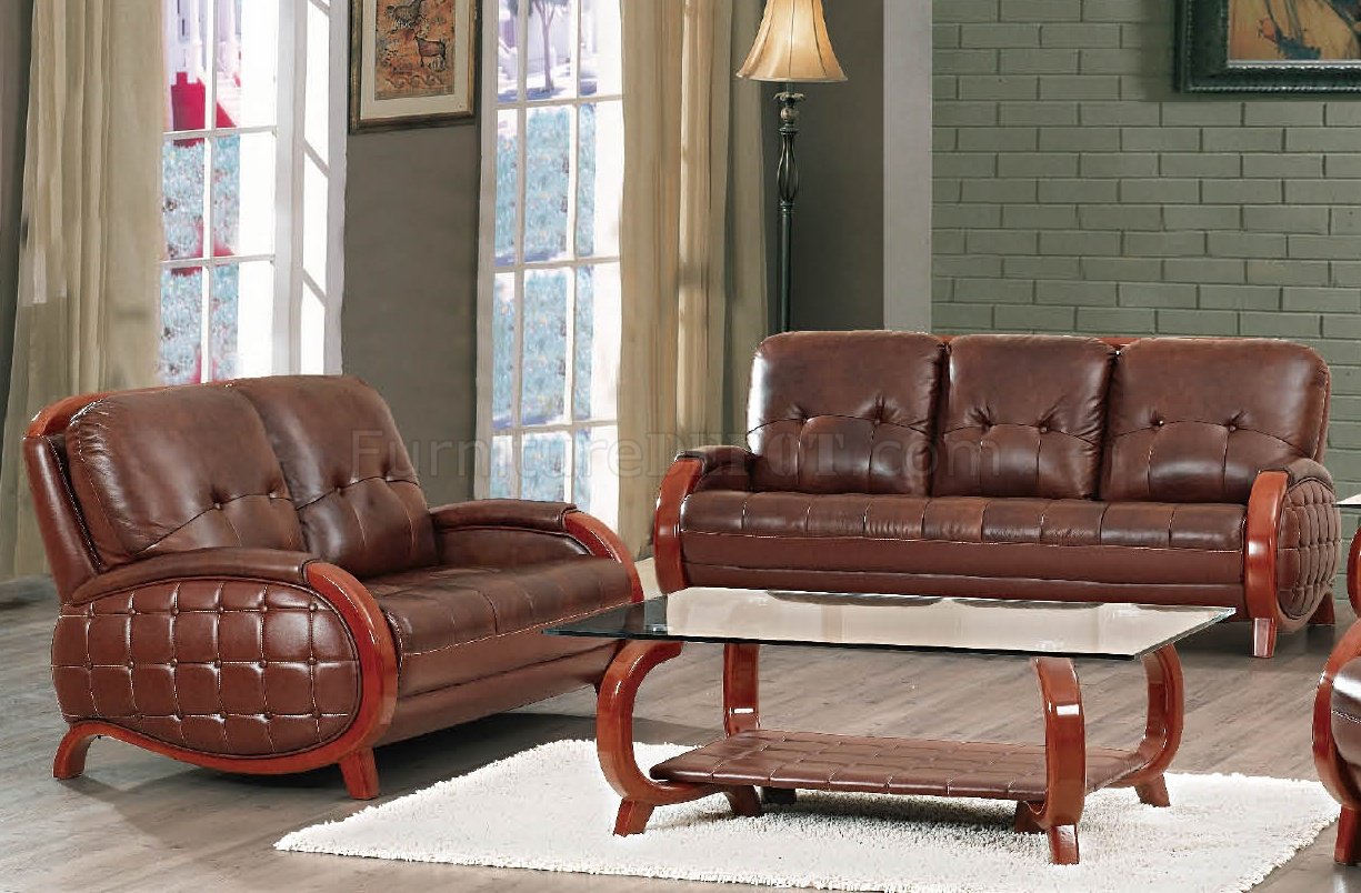 Button Tufted Marbled Leather Living Room Sofa W/Cherry Legs