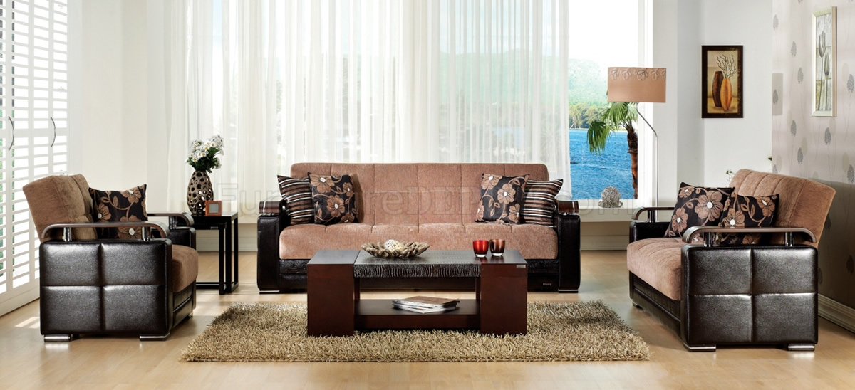 Brown Fabric & Dark Leather Base Convertible Sofa Bed w/Storage - Click Image to Close