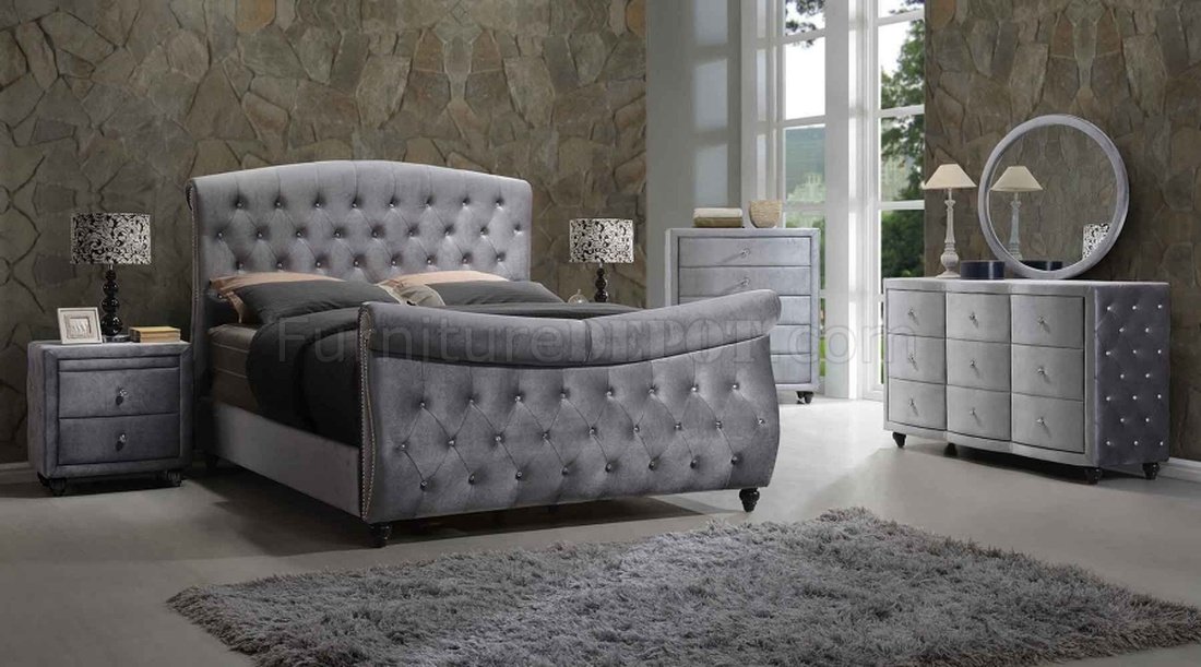 Hudson Bedroom In Grey Velvet Fabric W, Grey Fabric Sleigh Bed King Size