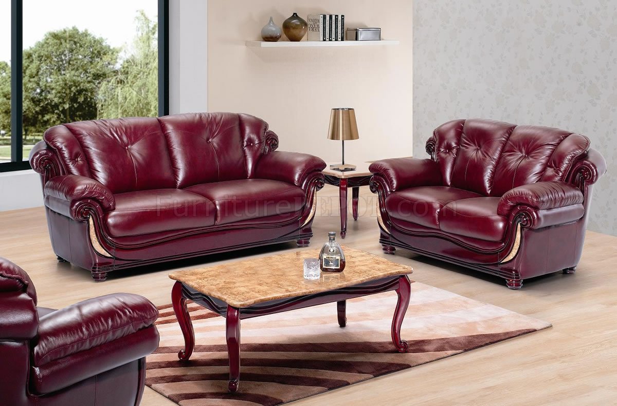Burgundy Leather Stylish Living Room W/Cherry Wooden Trims