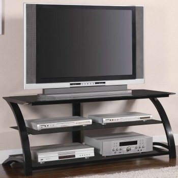 Black Tempered Glass & Metal Base Modern TV Stand w/Shelves [CRTV-700664]