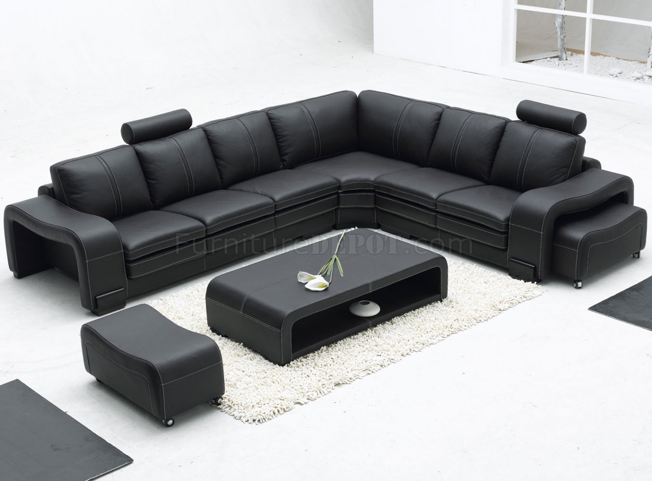 Black Leather Modern Sectional Sofa W, Black Leather Couch With Ottoman