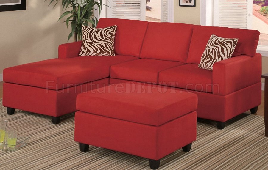 F7668 Red Microfiber Reversible Sectional Sofa by Boss w/Ottoman - Click Image to Close