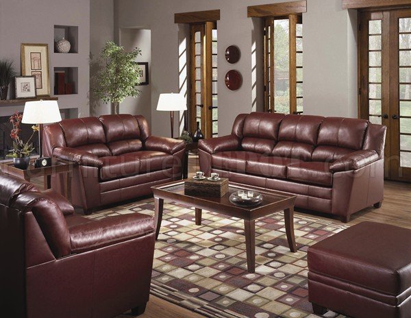 Wine Color Bonded Leather Modern Living Room w/Wooden Legs - Click Image to Close