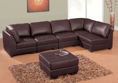 Modern Brown Leather 5 Pc Sectional Sofa W/Ottoman