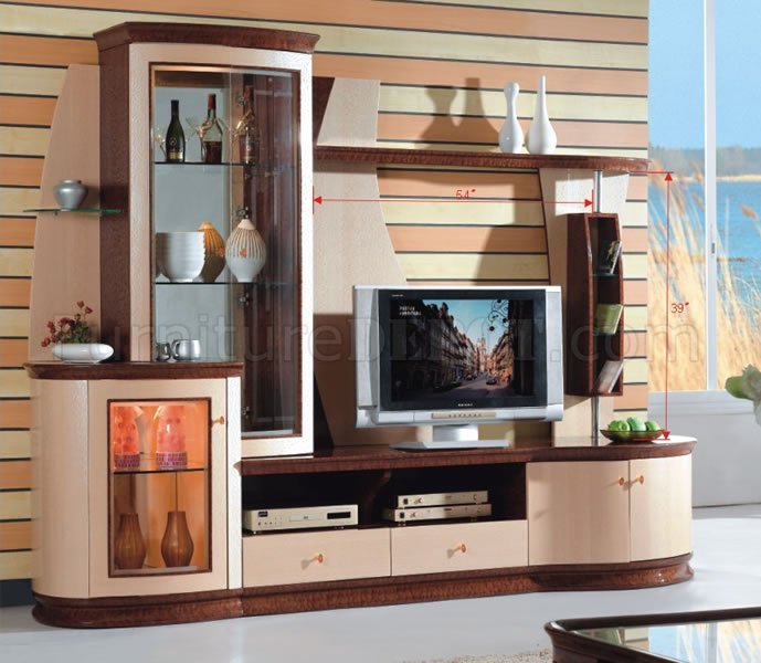 Two Tone Contemporary Wall Unit With Liquor Cabinet