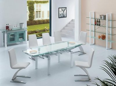 White Contemporary Glass Top Dinning Table with Extension Leaf