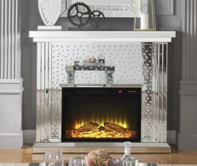 Nysa Fireplace 90204 in Mirror by Acme w/Adjustable Temperature