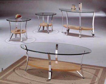 Glass & Metal Modern Coffee Table Set w/Natural Wood Shelf [ABCCT-4335]