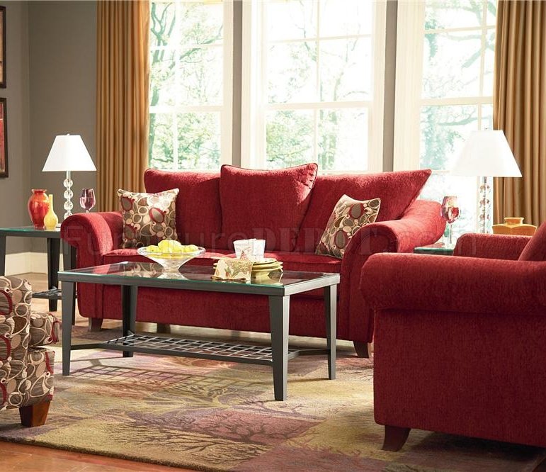 Red Chenille Fabric Contemporary Livng Room Sofa w/Options - Click Image to Close