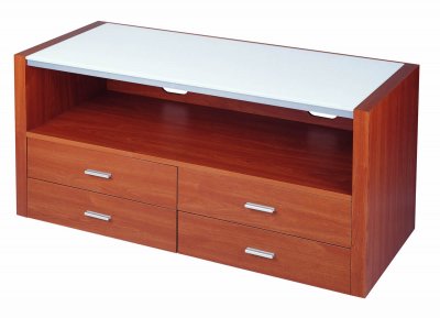 Light Cherry Finish Modern TV Stand w/Frosted Glass Top