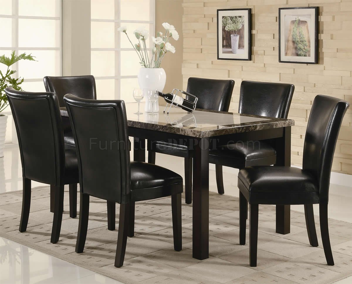 Black Finish & Rectangular Faux Marble Top Modern 7Pc Dining Set - Click Image to Close