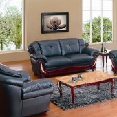 Black Leather Stylish Living Room W/Cherry Wooden Trims