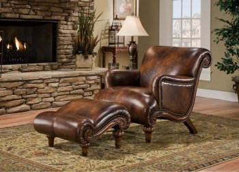 Cognac Brown Top Grain Leather Traditional Chair & Ottoman [DOCC-022-Lennox]