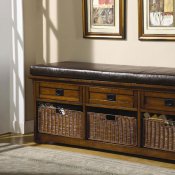 Oak Finish Storage Bench w/Dark Brown Cushion On Top