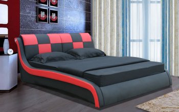 Red & Black Leatherette Modern Bed w/Curved Padded Headboard [SHBS-2859]