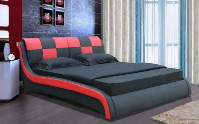 Red & Black Leatherette Modern Bed w/Curved Padded Headboard