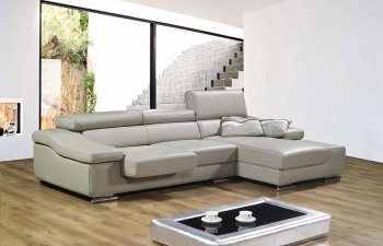 Grey Full Leather Modern Sectional Sofa w/Adjustable Headrests [AHUSS-A567-Grey]