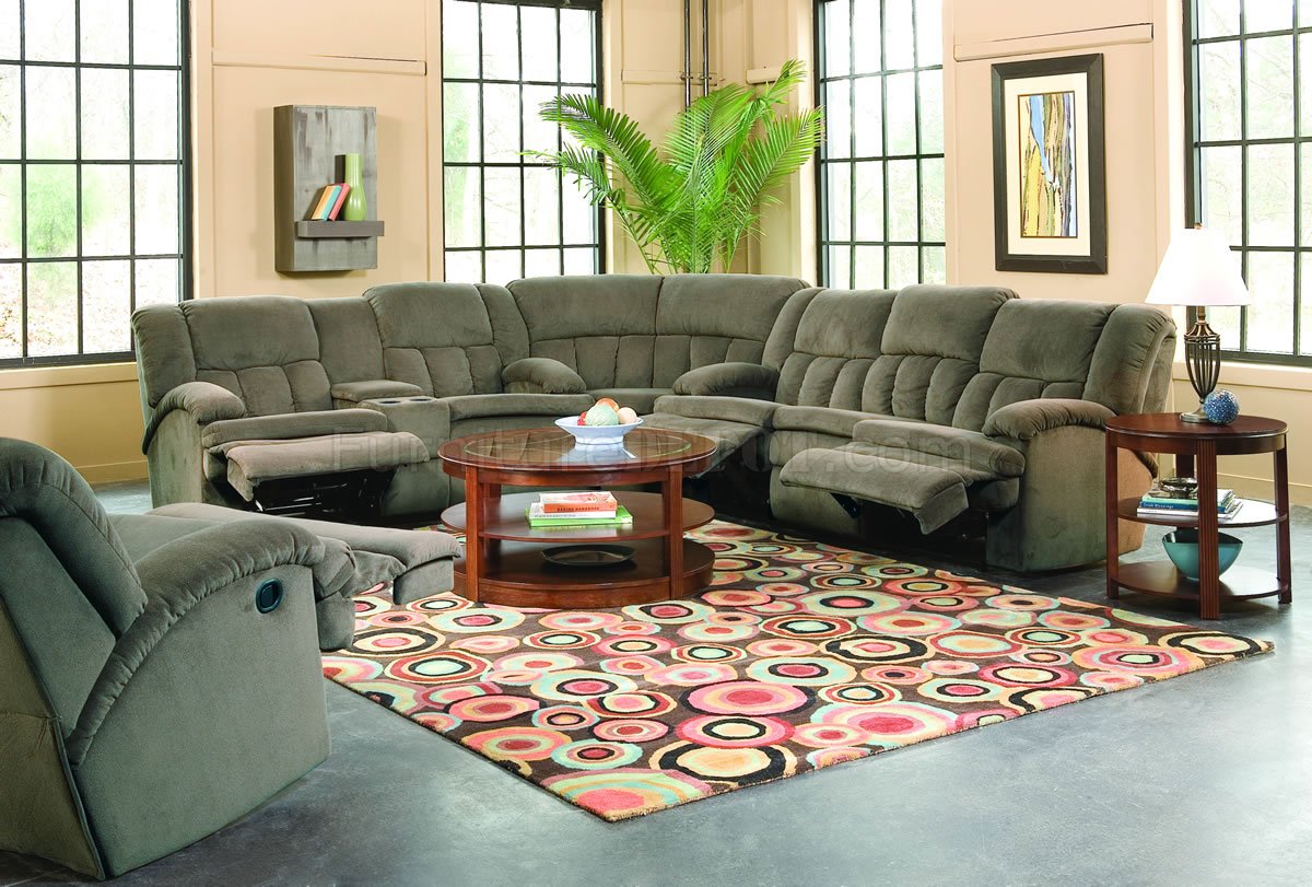 Brown Fabric Stylish Sectional Sofa W/Recliners & Drop Table - Click Image to Close