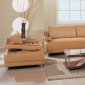 Modern Tan Leather Living Room Set with High Gloss Wooden Inlays