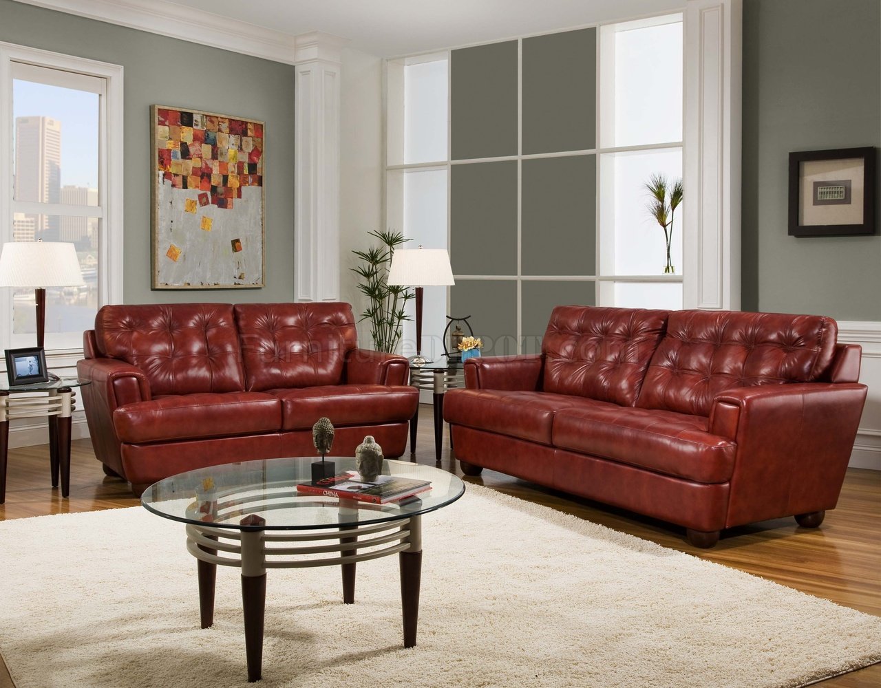 Burgundy Tufted Top Grain Leather Modern Sofa w/Options - Click Image to Close