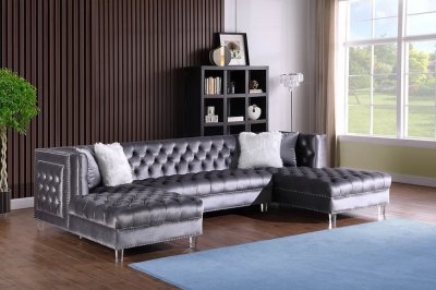 FD161 Sectional Sofa in Gray Velvet by FDF w/Acrylic Legs