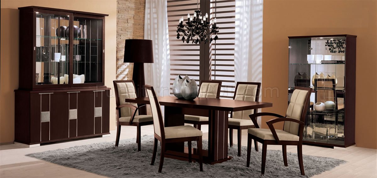 Dark Brown Modern Dining Set With Leather Accents - Click Image to Close