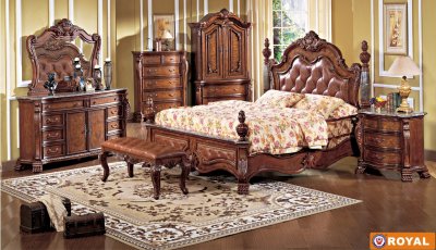 Rich Cherry Finish Leather Upholstered Elegant Bed w/Options