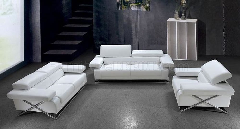 Italian Leather 3pc Living Room Set, Modern White Leather Living Room Set