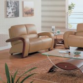 Tan Leather Living Room Set with Wooden Accents