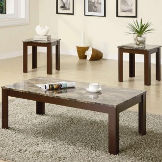 Marble-Like Top & Brown Finish Modern 3Pc Coffee Table Set