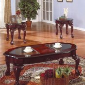 Rich Cherry Traditional 3Pc Coffee Table Set w/Glass Inserts