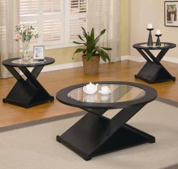 Rich Black Finish Modern 3Pc Coffee Table Set w/Round Glass Tops
