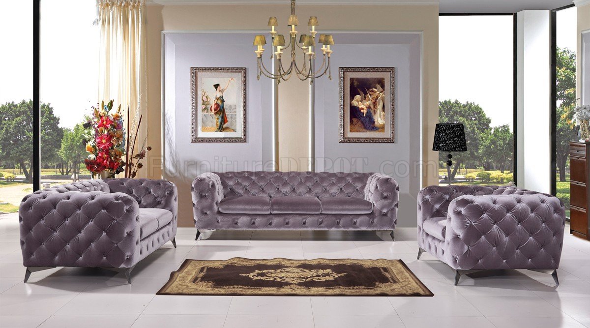 Delilah Sofa Set 3Pc in Light Grey Velour Fabric by VIG