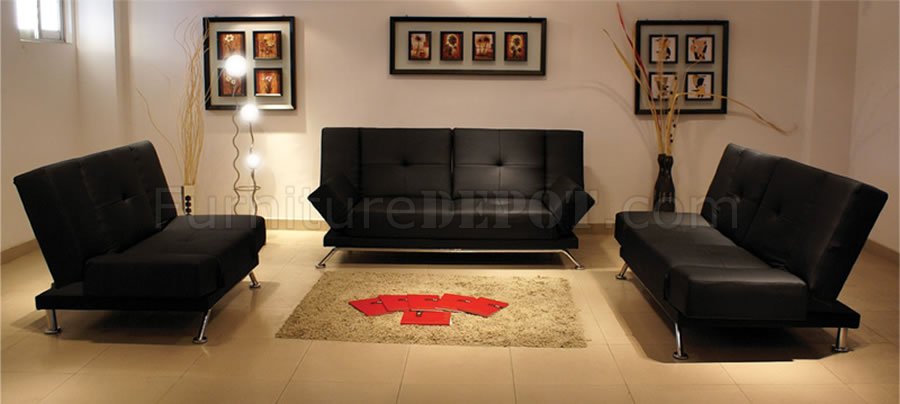 Black Tufted Leatherette Living Room, Black Leather Sleeper Sofa Set