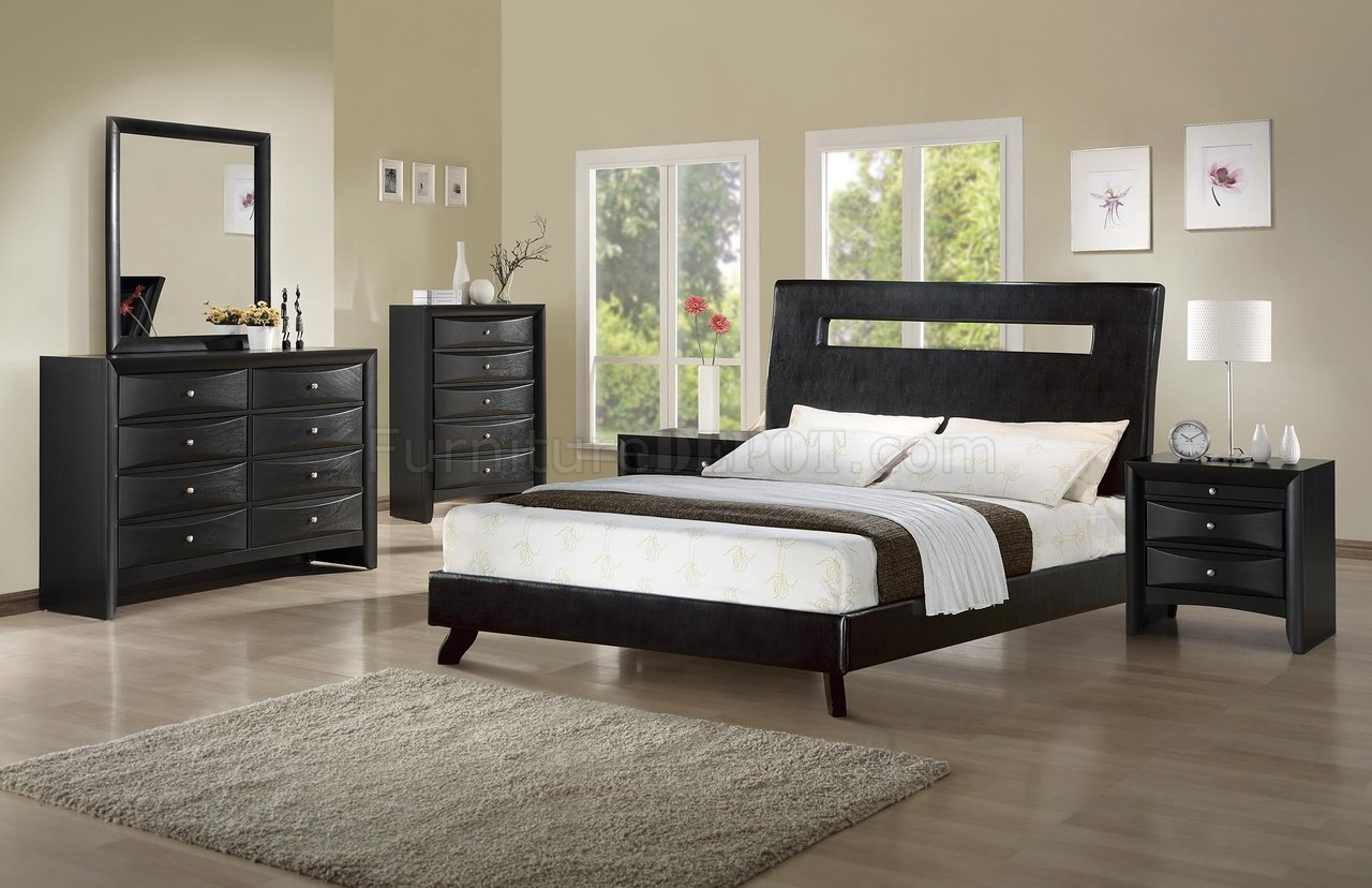Rich Ebony Finish Modern Bedroom w/Matching Leatherette Bed - Click Image to Close
