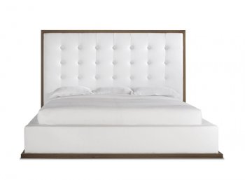 White & Walnut Modern Bed w/Oversized Tufted Leather Headboard [MLB-LUDLOW-WAL-WHT]