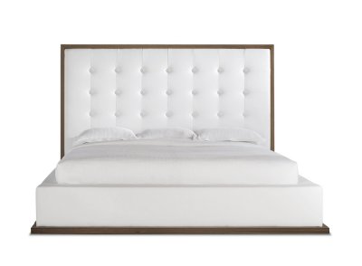 White & Walnut Modern Bed w/Oversized Tufted Leather Headboard