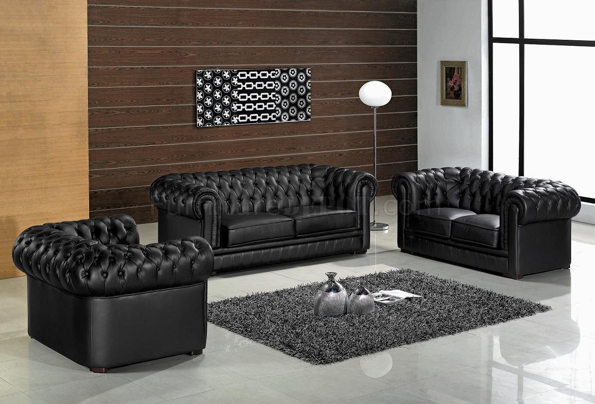 Black Leather Ultra Modern 3PC Living Room Set w/Wood Legs - Click Image to Close